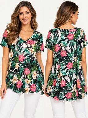 Attitudes by Renee LP Tropical Floral V Neck Tunic Top Pink Green Petite
